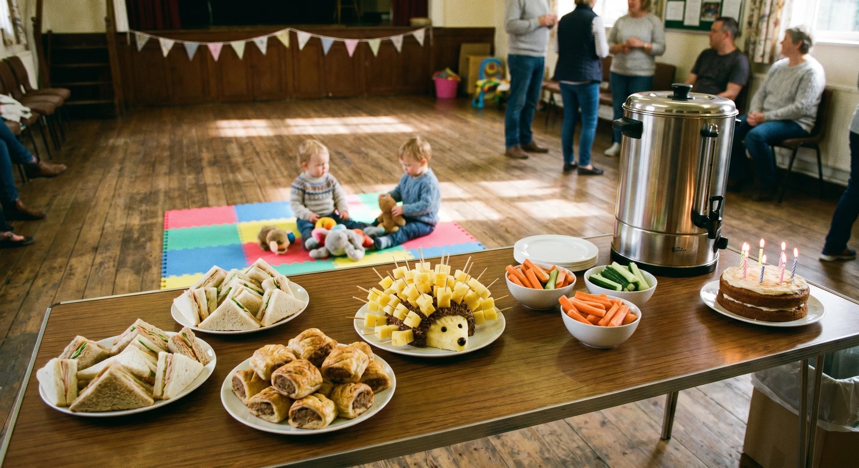 A party tea spread on a long table: quartered sandwiches, sausage rolls, cheese and pineapple on sticks, a tea urn, and a smash cake, with toddlers playing on a mat nearby