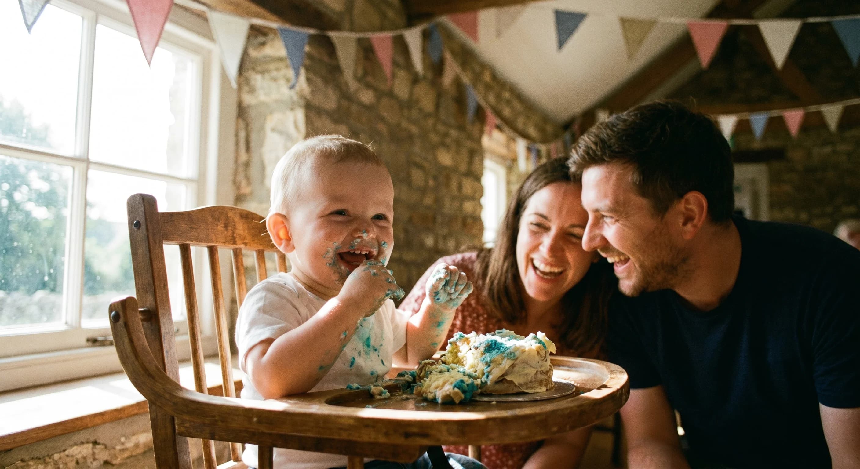 A one-year-old in a highchair happily demolishing a small smash cake, hands covered in icing, parents laughing in the background