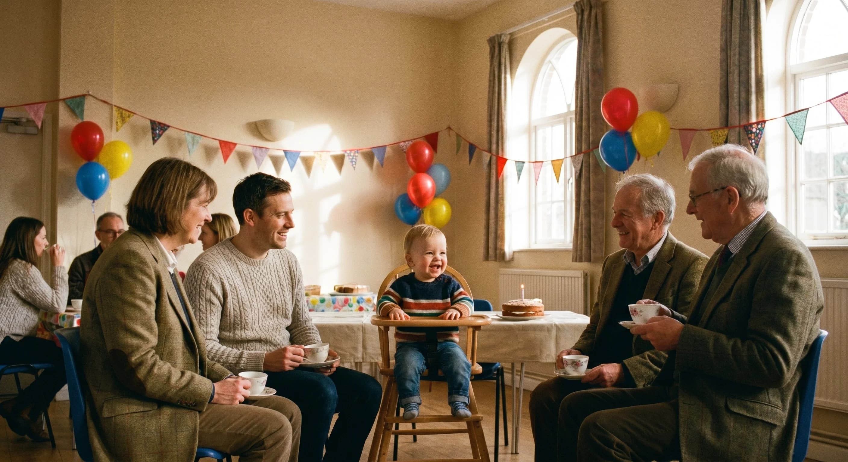 A cheerful first birthday party in a British village hall, a one-year-old in a highchair surrounded by bunting and balloons, parents and grandparents gathered round in warm afternoon light