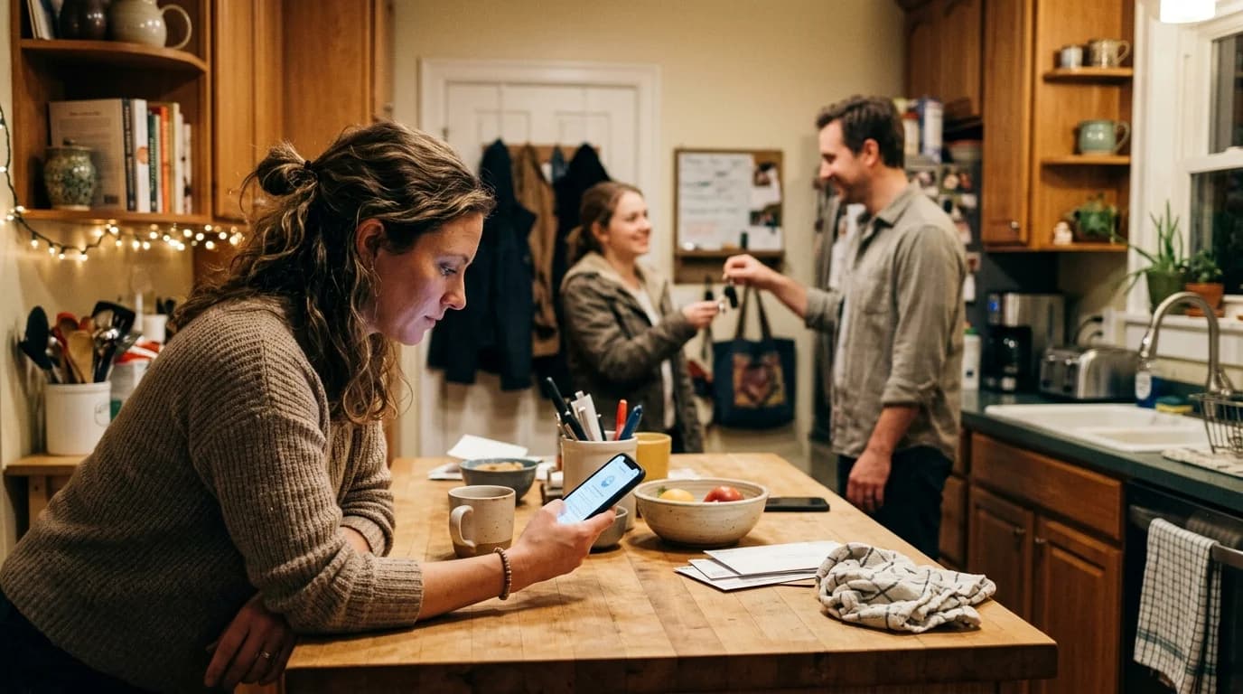A woman reading an invitation on her phone while arranging a babysitter