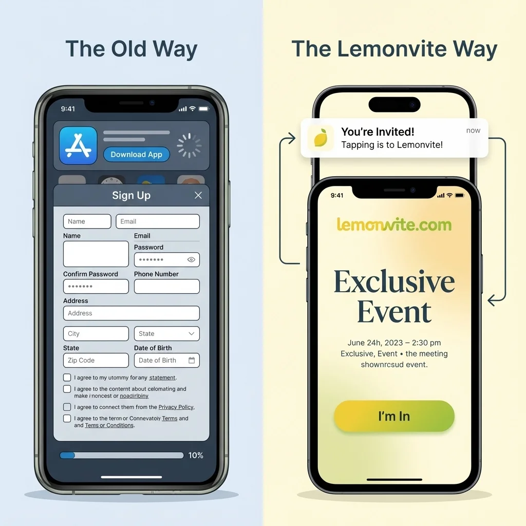A comparative illustration. Left side: A cluttered smartphone screen showing a 'Download App' store page with a spinning loading circle and a 'Sign Up' form with many fields, labeled 'The Old Way'. Right side: A sleek smartphone notification simply saying 'You're Invited!', opening directly to a beautiful event page with a single 'I'm In' button, labeled 'The Lemonvite Way'. The style is clean, modern, and tech-focused.
