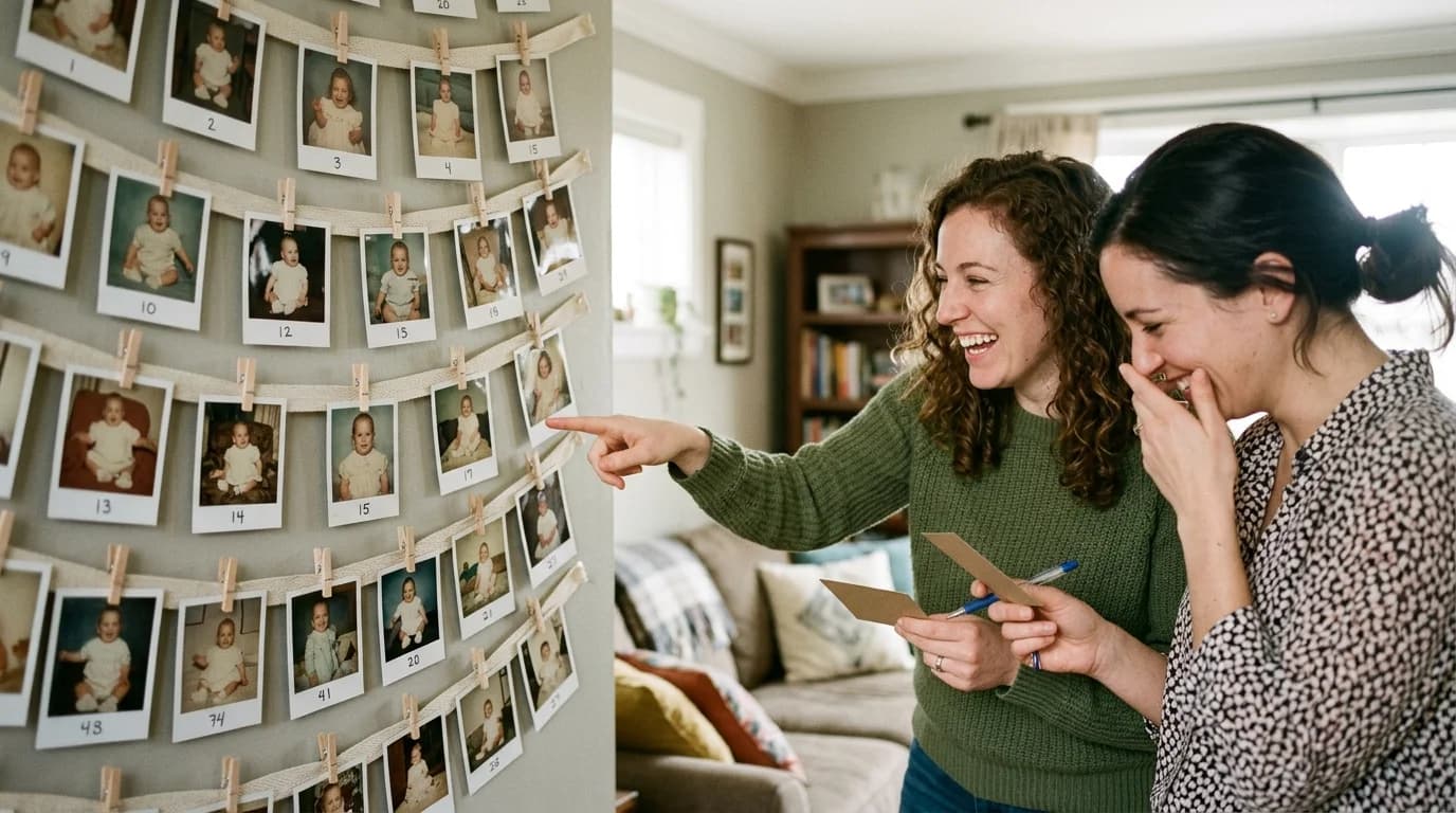 Guests guessing at a wall of numbered vintage baby photos