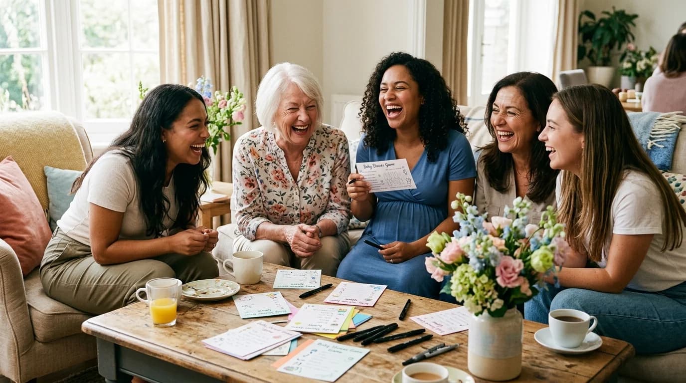 Guests laughing around a coffee table during a baby shower game
