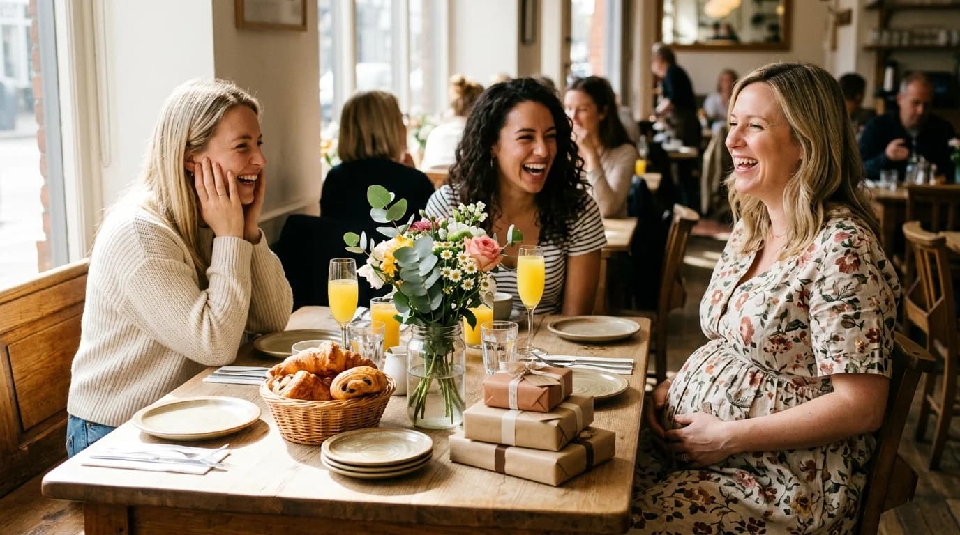 Friends laughing at a sunlit brunch table at a baby shower