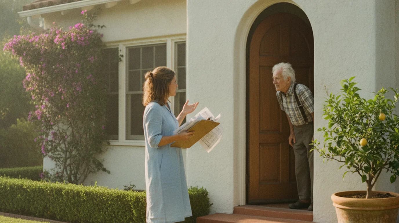 A neighbor with a clipboard talking to a resident on the porch of a Los Angeles bungalow
