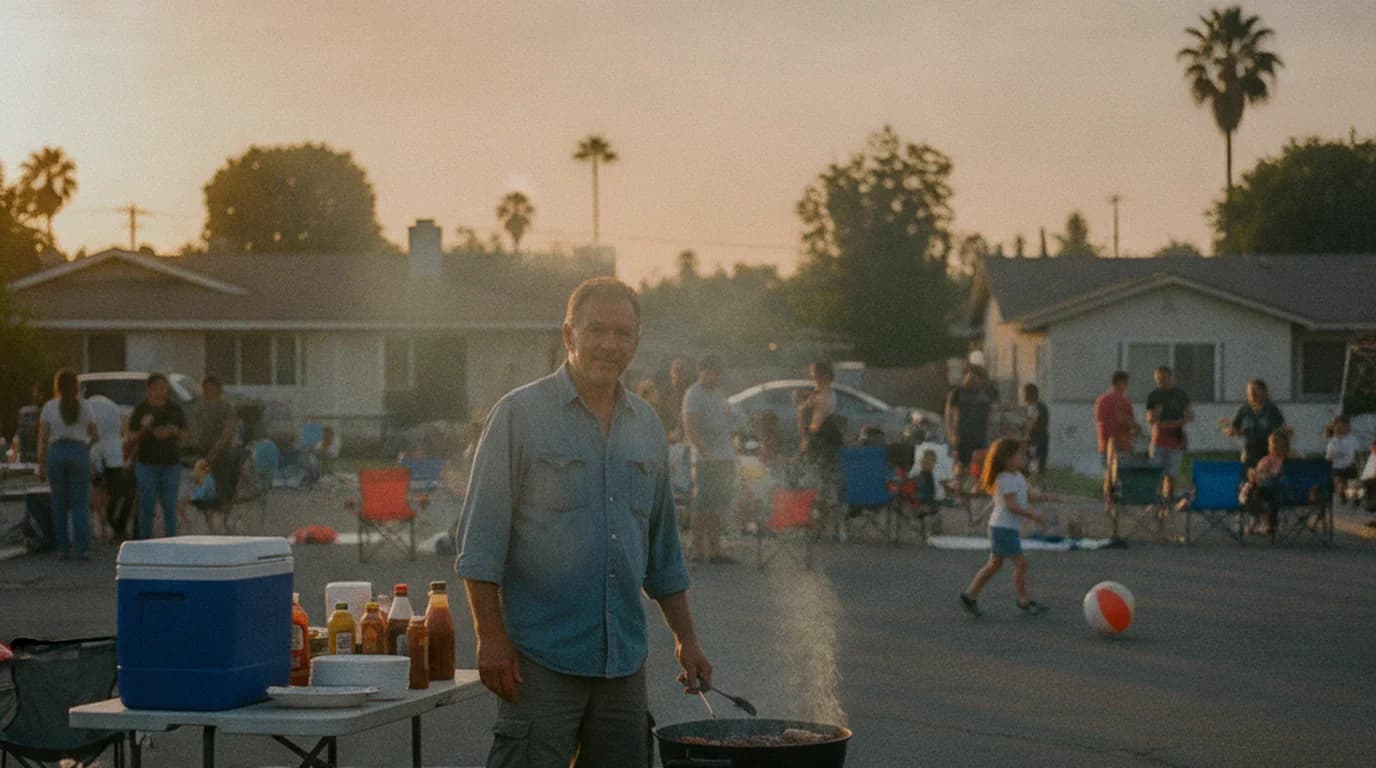 Neighbors grilling and talking on a closed Los Angeles street at golden hour
