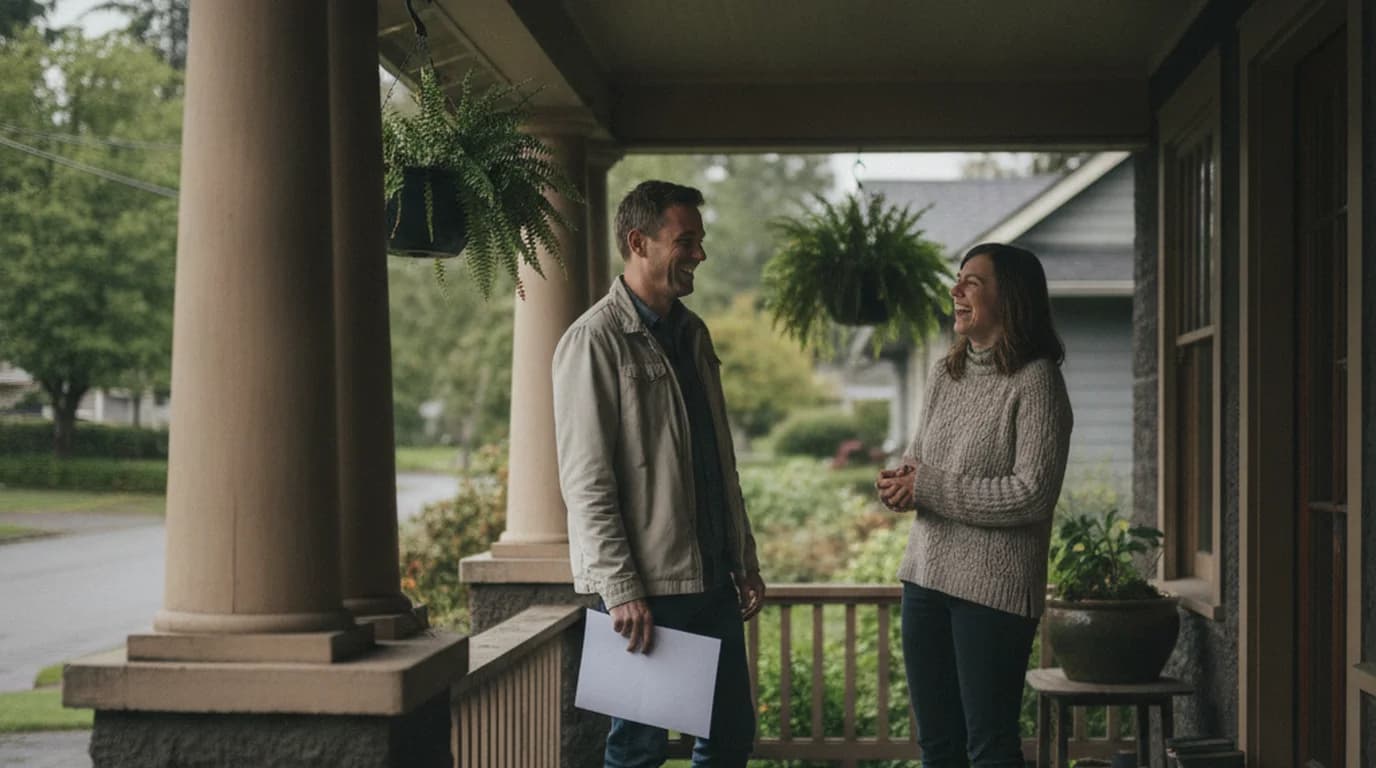 Two neighbors talking on the front porch of a Portland craftsman bungalow, one holding a sheet of paper
