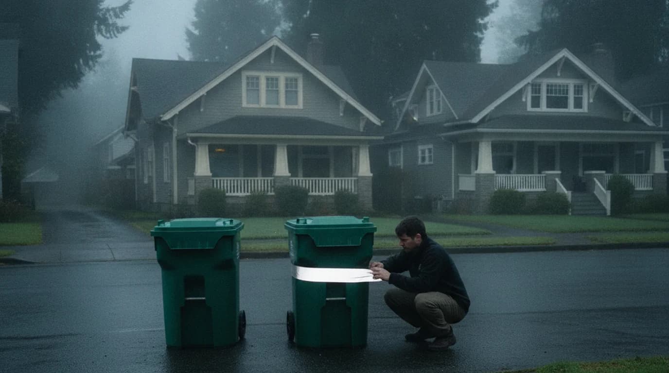 A person wrapping reflective tape around a rolling trash bin standing in the road as a block party barricade on a wet Portland street