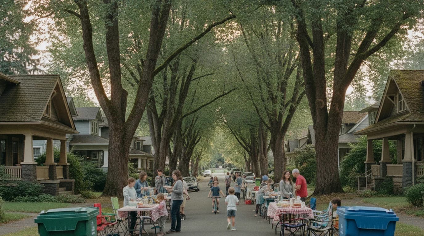 A Portland residential street closed for a block party, with trash bins standing in as barricades and neighbors gathered around folding tables under large street trees