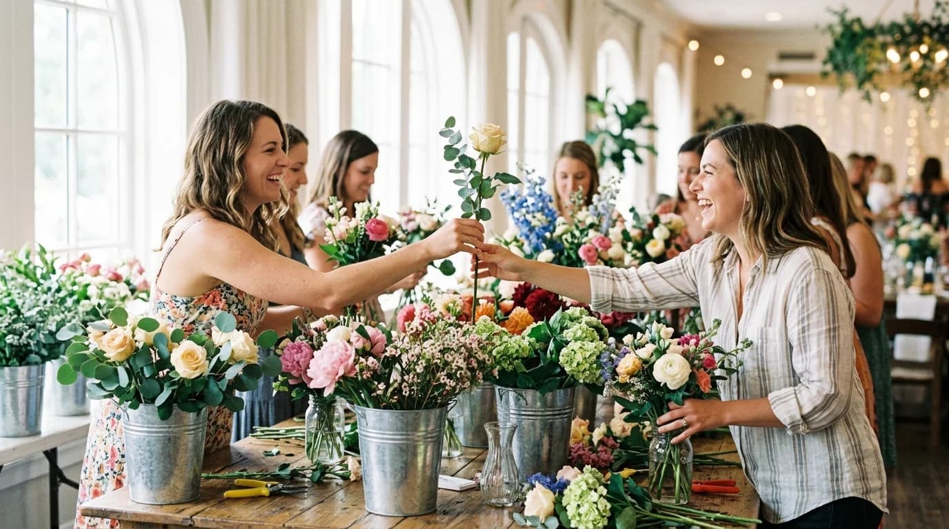 Guests building bouquets at a flower-arranging bar during a bridal shower