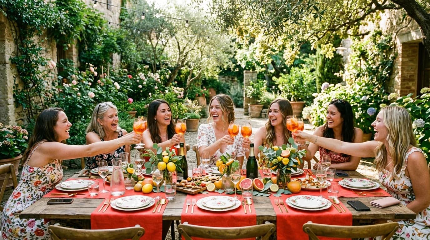 Women toasting with spritzes at a long garden table set for a bridal shower