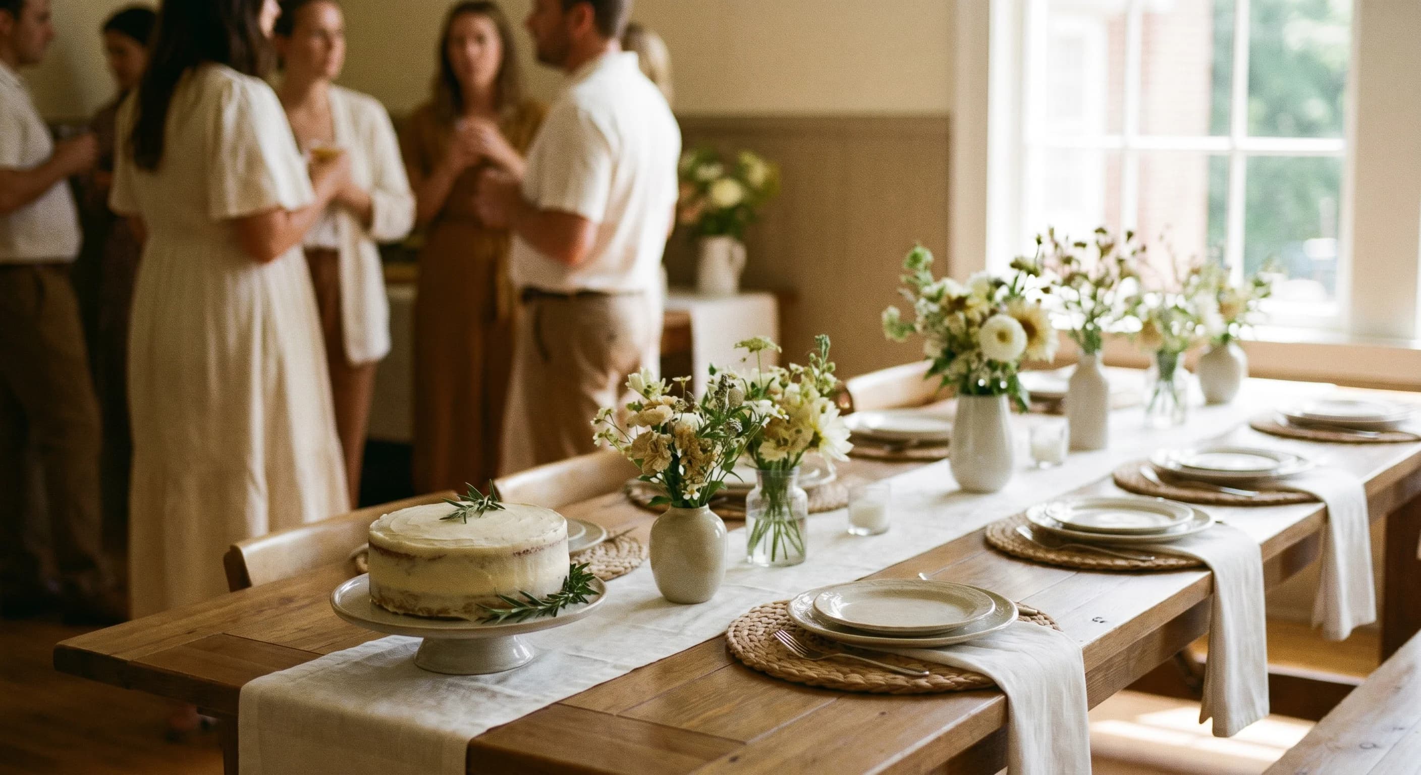 A long table set for a christening lunch with flowers, place settings and a small cake