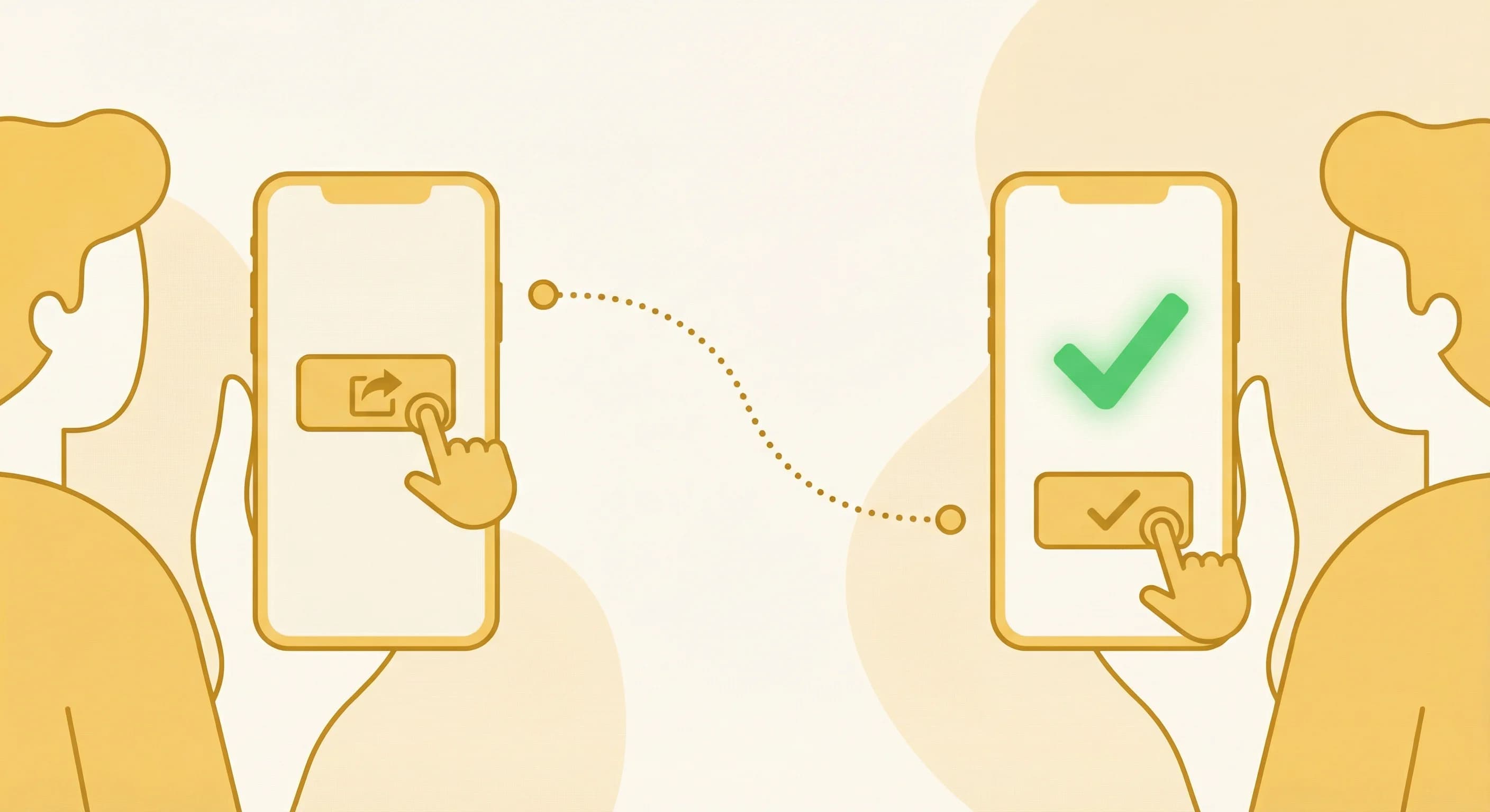 A smartphone sharing an invite link to another phone, which taps Accept with a green checkmark, connected by a curved dotted line.