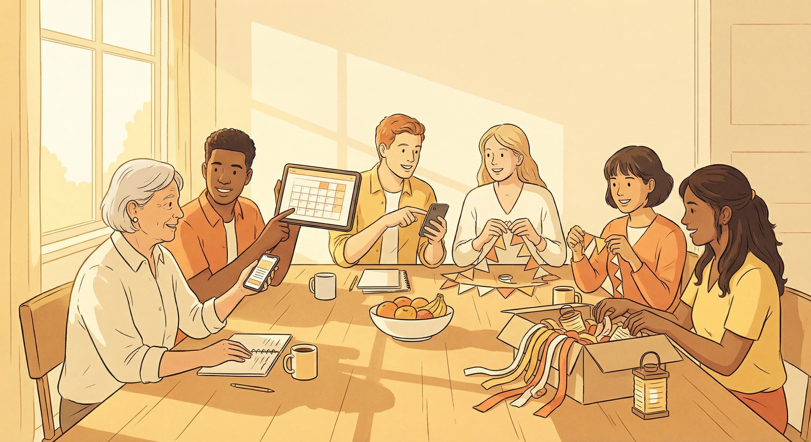 A group of friends gathered around a table planning an event together, looking at tablets and arranging decorations in warm golden lighting.