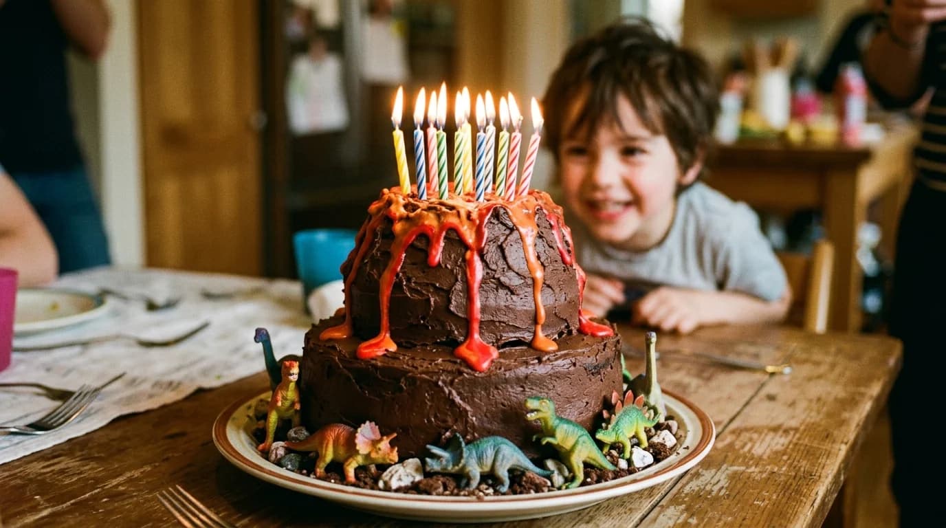 A homemade volcano birthday cake with dripping icing and toy dinosaurs around the base