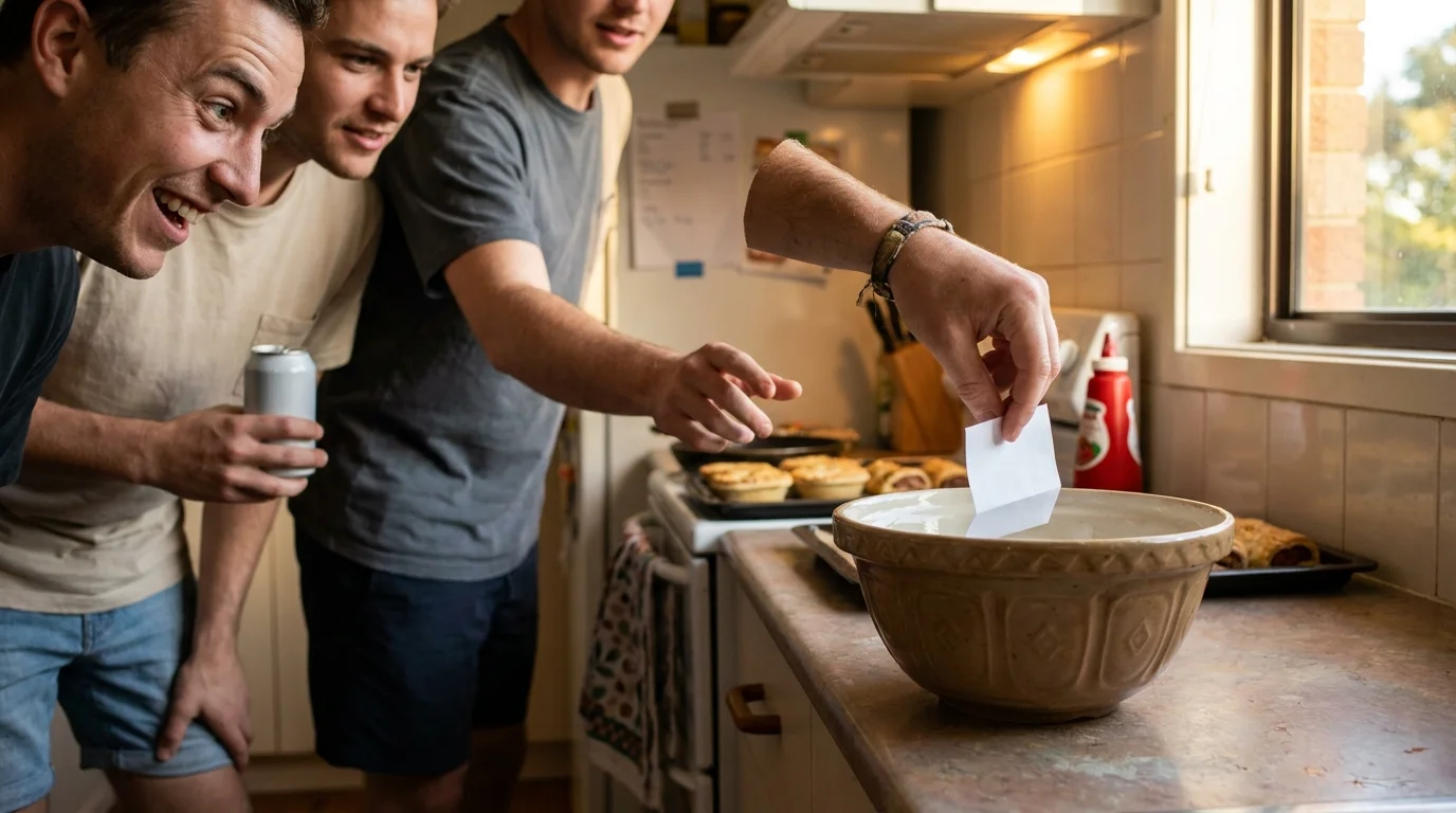 A hand drawing a folded paper slip from a bowl on a kitchen bench while friends look on