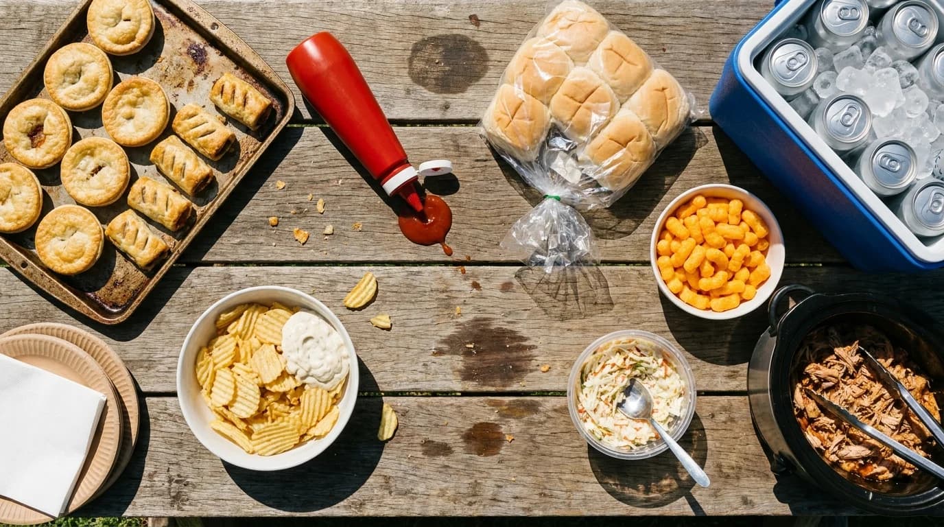 An outdoor table of Australian party food with pies, sausage rolls, dip and an esky of cans
