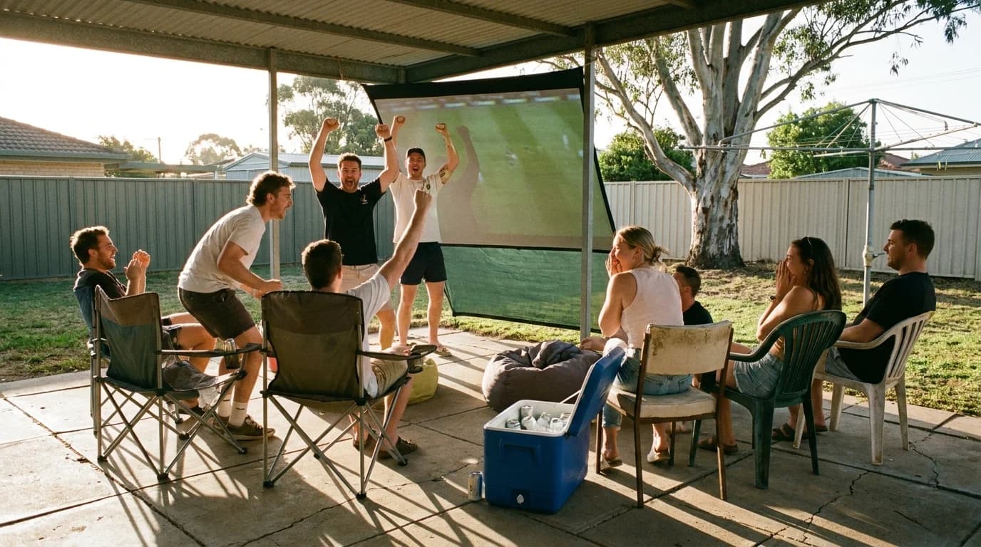 Friends watching footy on a big screen under a backyard verandah on a spring afternoon in Australia