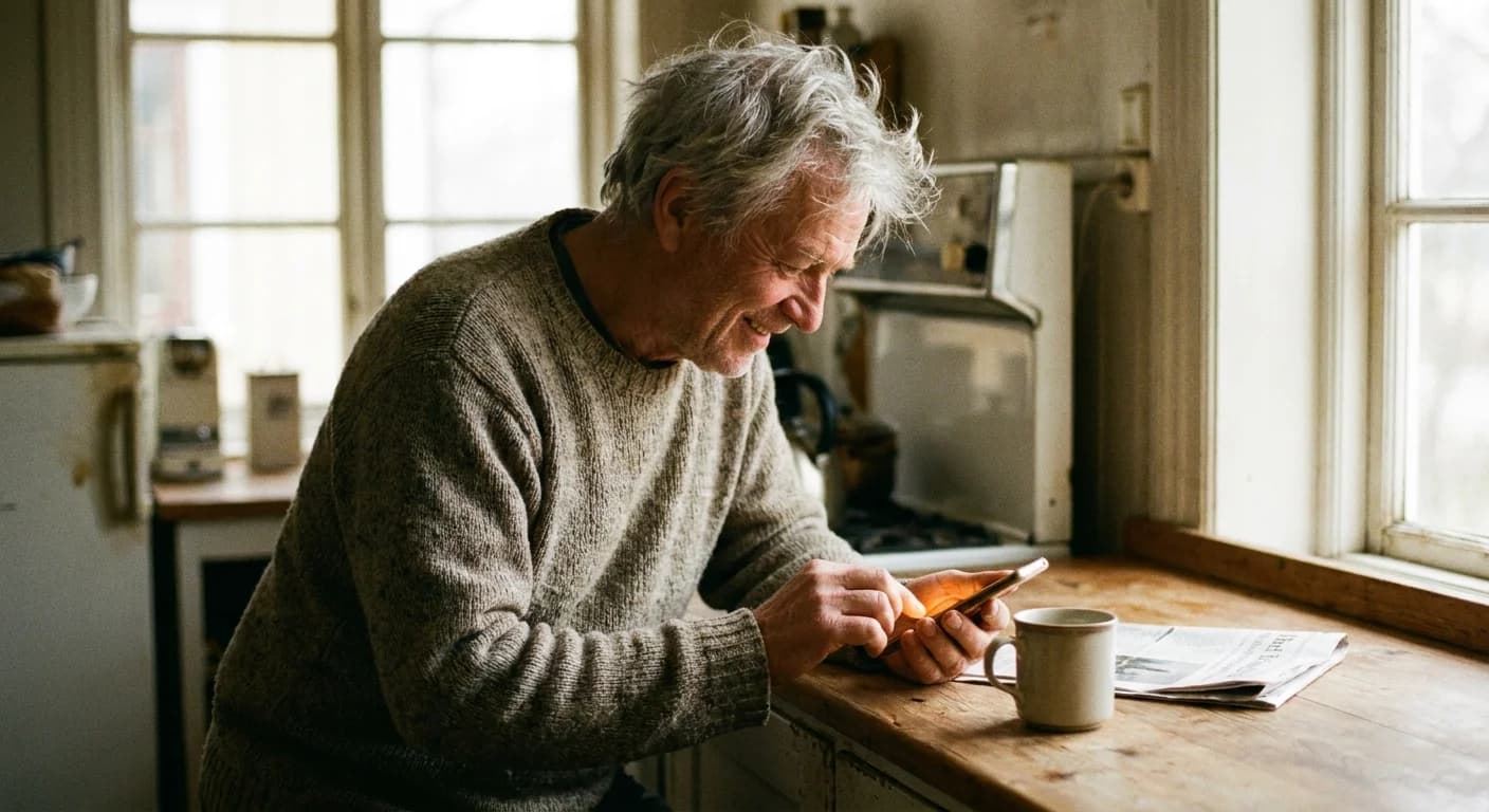 A grandfather smiling at his phone reading a personal invitation at a kitchen counter