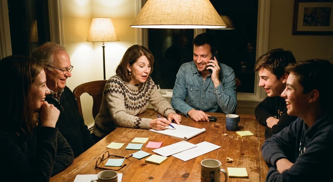 A family sorting handwritten guest lists and phone contacts at a dining table