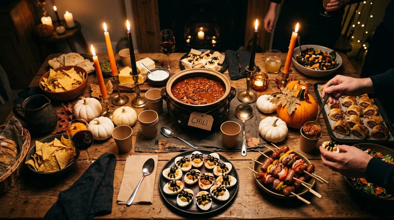A candlelit Halloween food table with chili, skewers, and white pumpkins