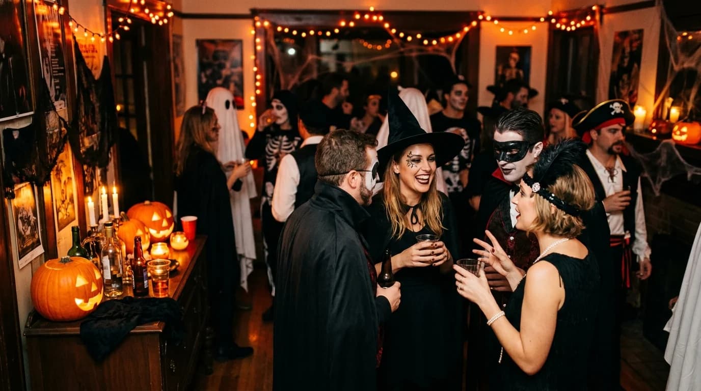 Adults in costumes mingling at a candlelit Halloween house party