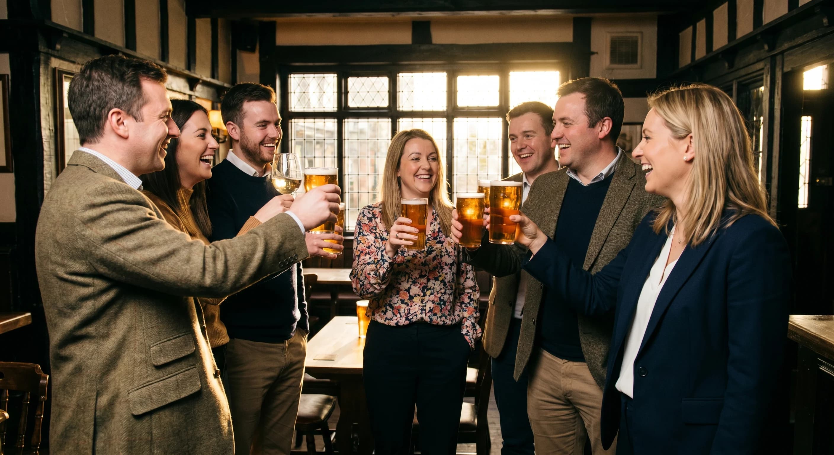 Office colleagues raising pints to one person at a warmly lit pub after work