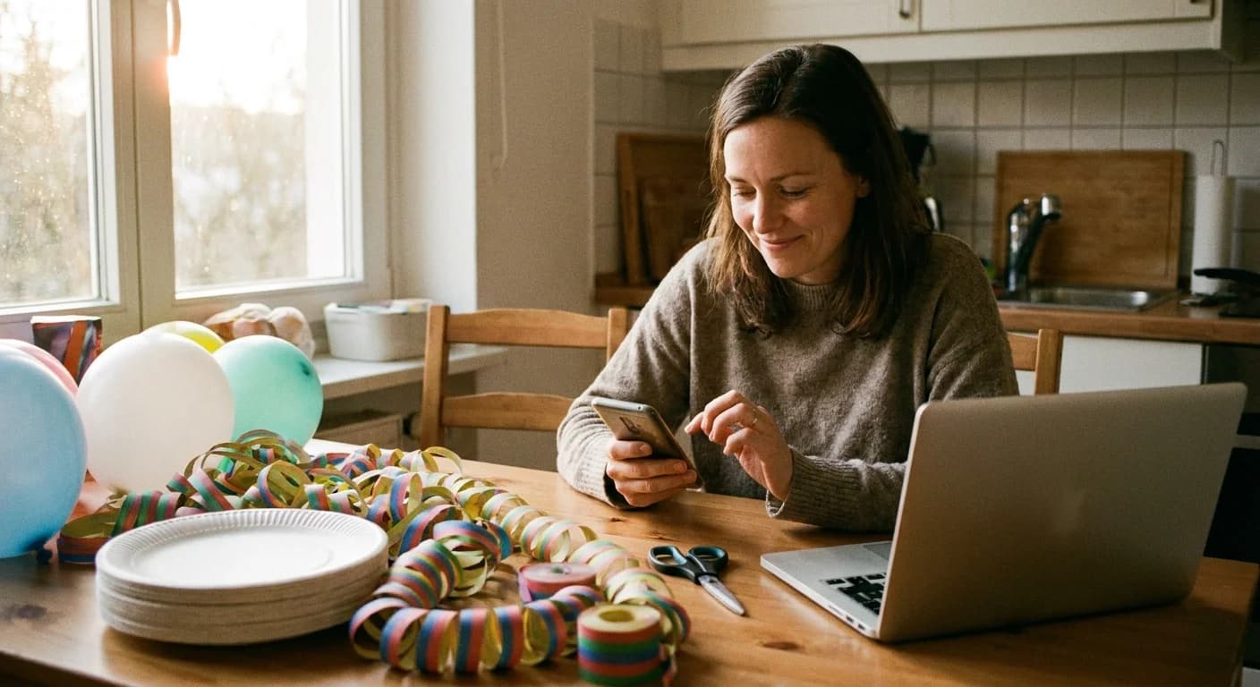 A host checking a guest list on her phone while party prep covers the kitchen table