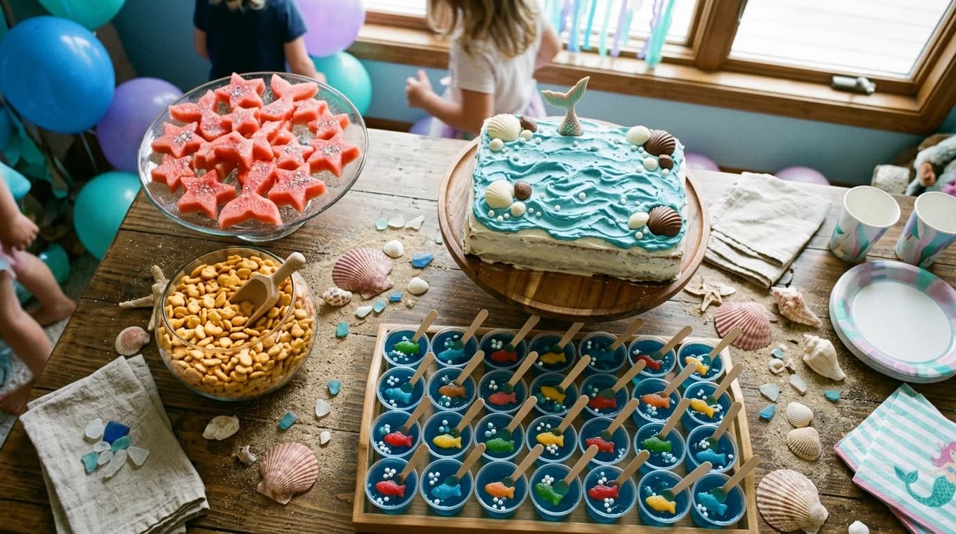 A mermaid party snack table with blue Jell-O cups, watermelon stars, and a wave cake