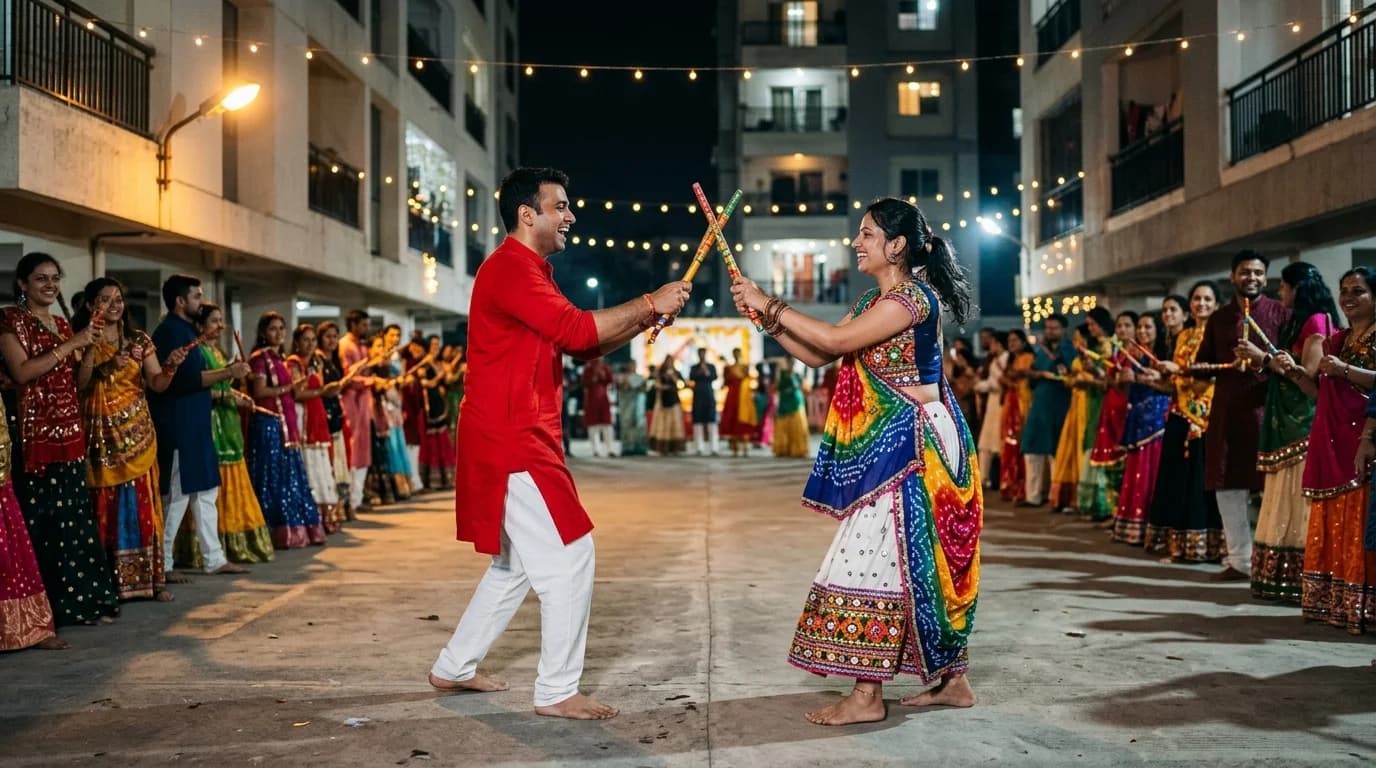 Two rows of dancers in traditional Gujarati clothes striking dandiya sticks together on a courtyard floor