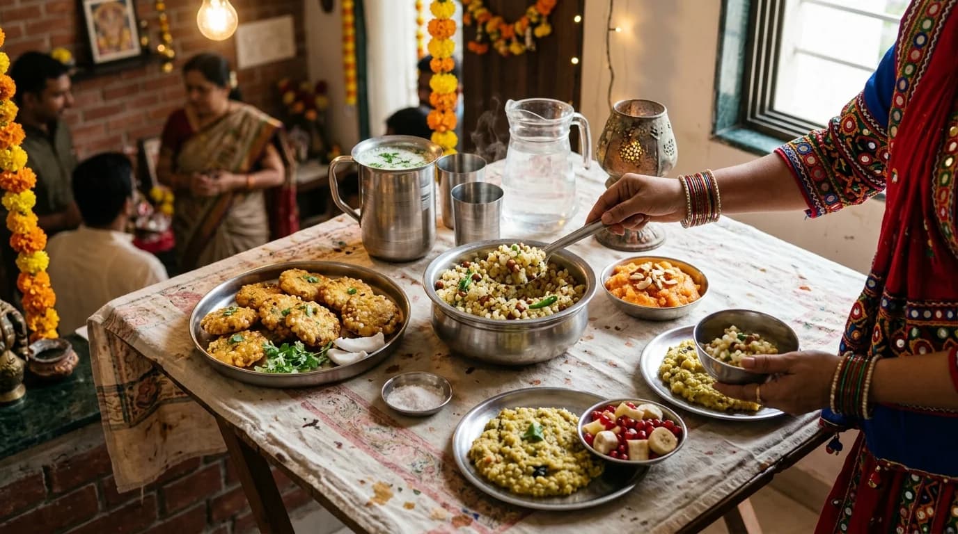 A festive table with sabudana khichdi, rajgira sheera and fruit laid out as fasting-friendly food at a home Navratri gathering