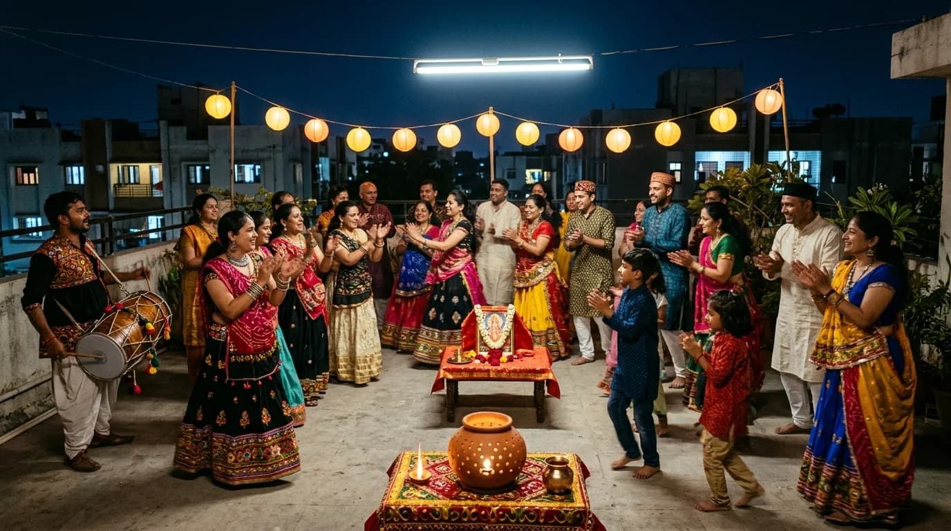 Neighbours dancing garba in a circle around a lamp-lit earthen garbo on a decorated apartment terrace at night