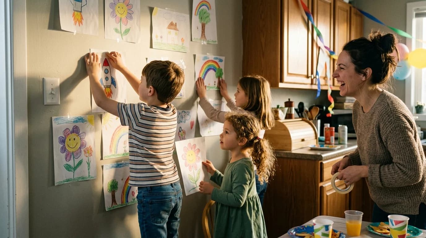 Kids taping hand-drawn pictures to a wall at a birthday party