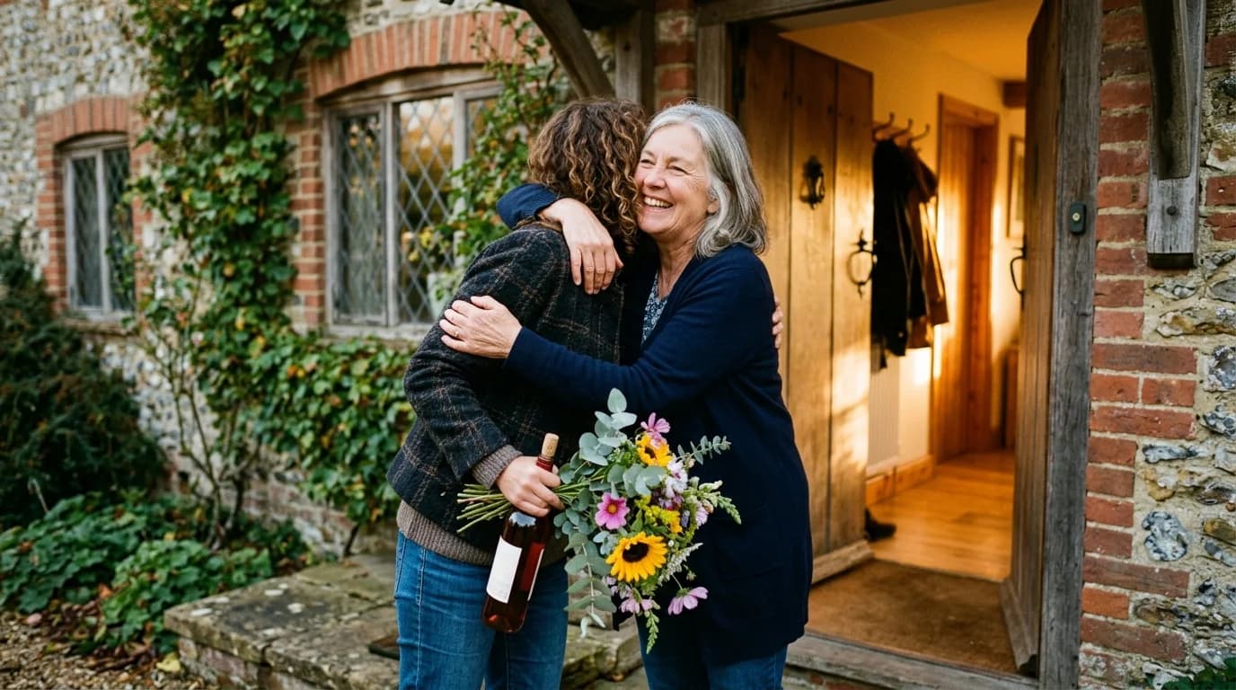 A guest greeted at the door holding just wine and flowers