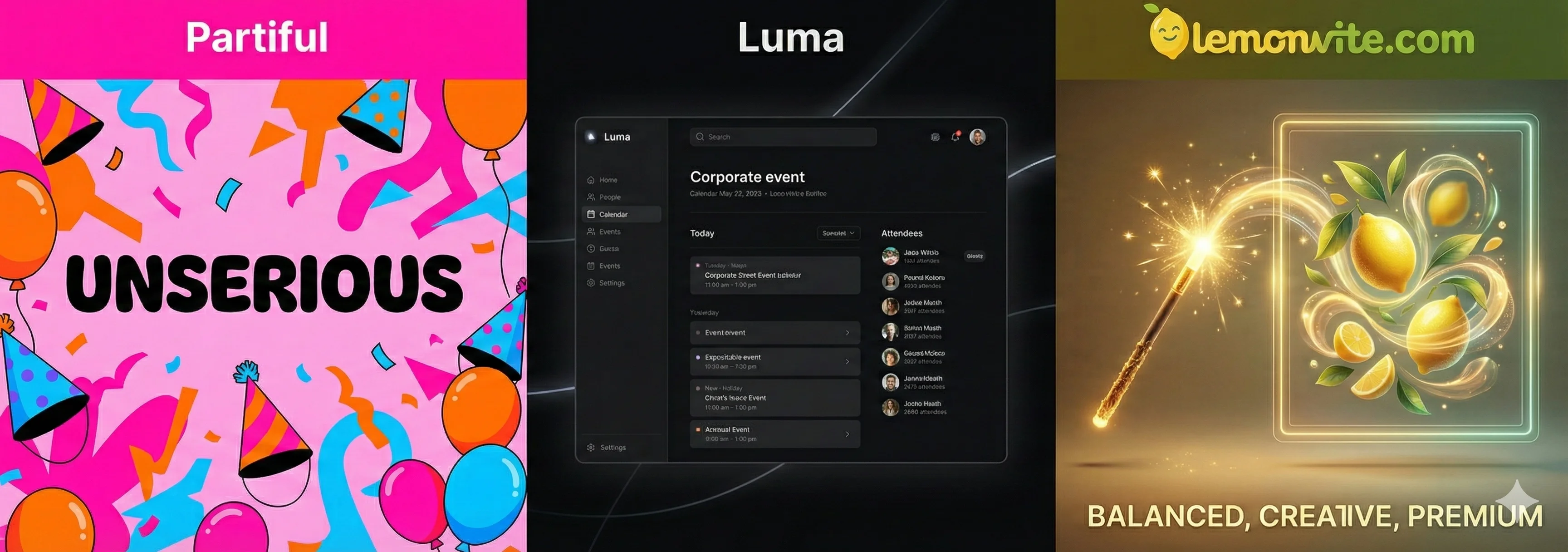 A three-way split comparison graphic. Left panel: 'Partiful' style with bright, chaotic, fun colors and 'Unserious' text. Middle panel: 'Luma' style with sleek, dark mode, minimalist corporate aesthetic. Right panel: 'Lemonvite' style showing a glowing wand and a unique custom-generated art piece. The Lemonvite section should look balanced, creative, and premium.