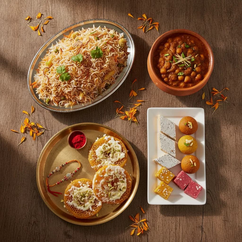 A festive Raksha Bandhan lunch spread with biryani, ghewar, mithai and a decorated rakhi thali on a family table