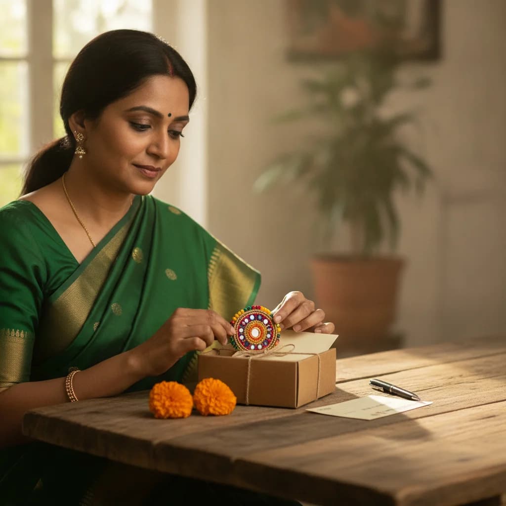 A woman carefully packing a decorated rakhi and a handwritten note into a parcel to post to a sibling abroad