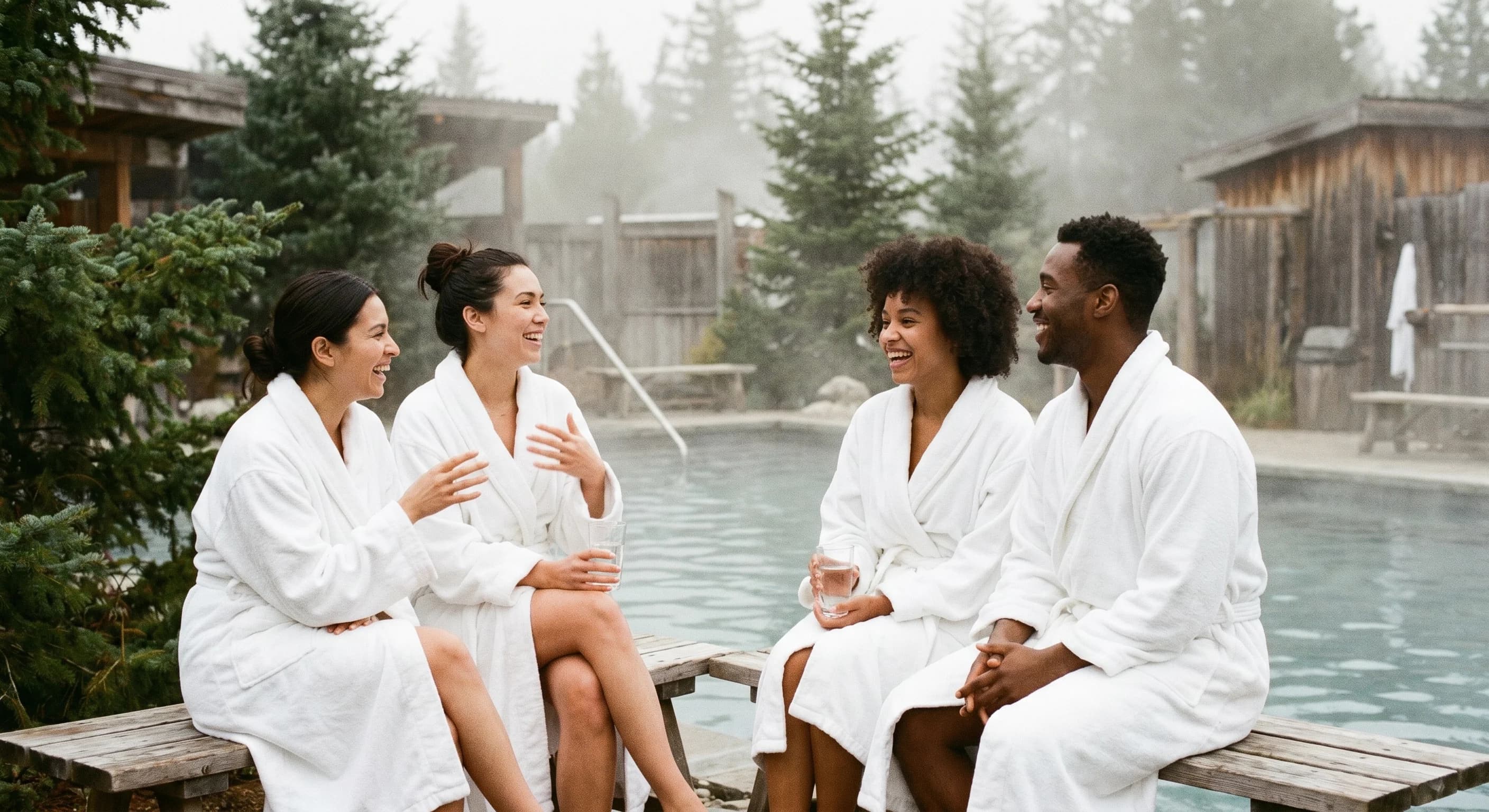Friends in robes relaxing at a Nordic-style outdoor spa with steaming hot pools surrounded by snow-dusted evergreens and wooden decks