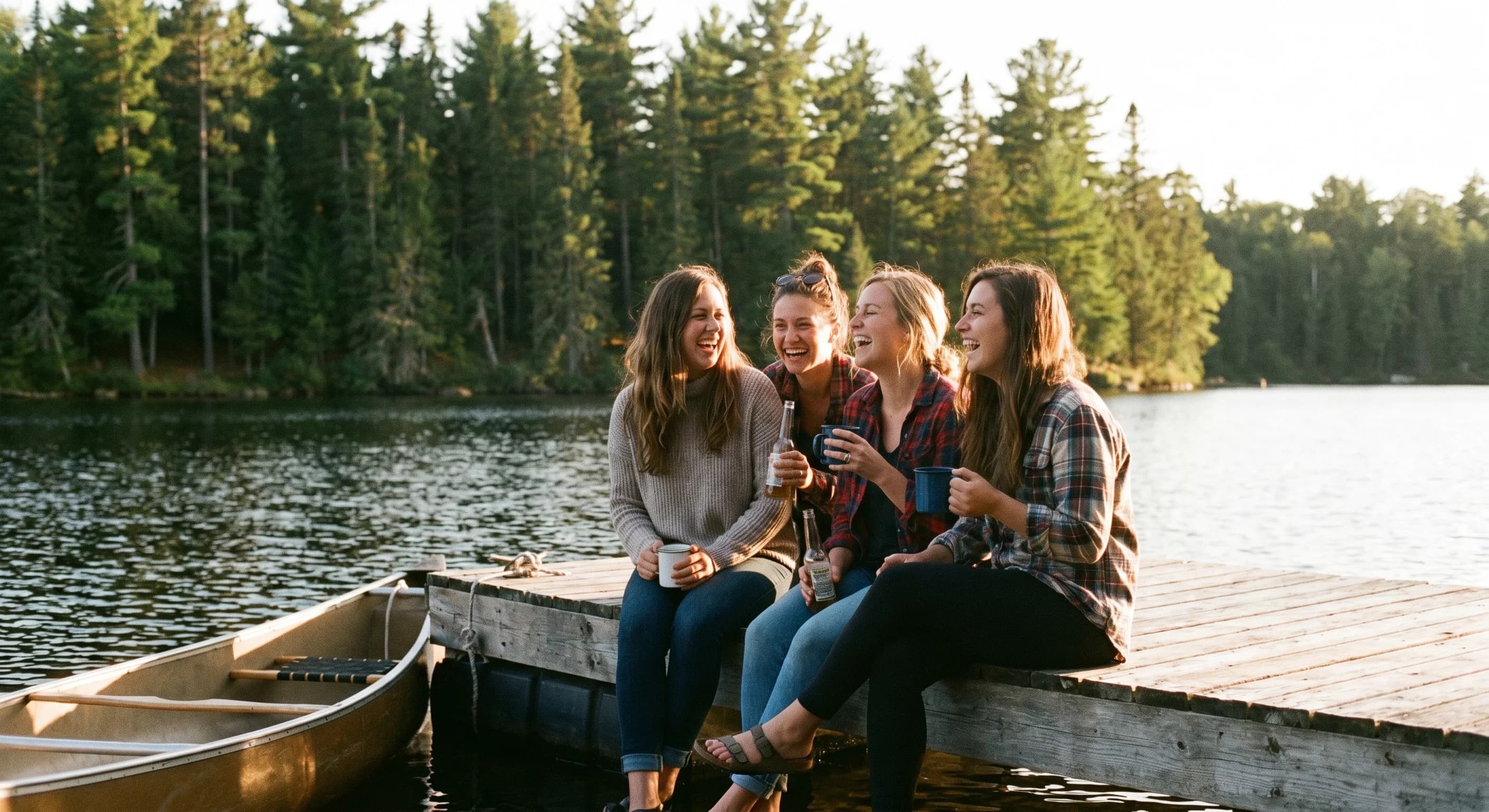 A group of Canadian friends laughing together on a wooden cottage dock at a lake, holding drinks at golden hour with canoes and pine trees behind them