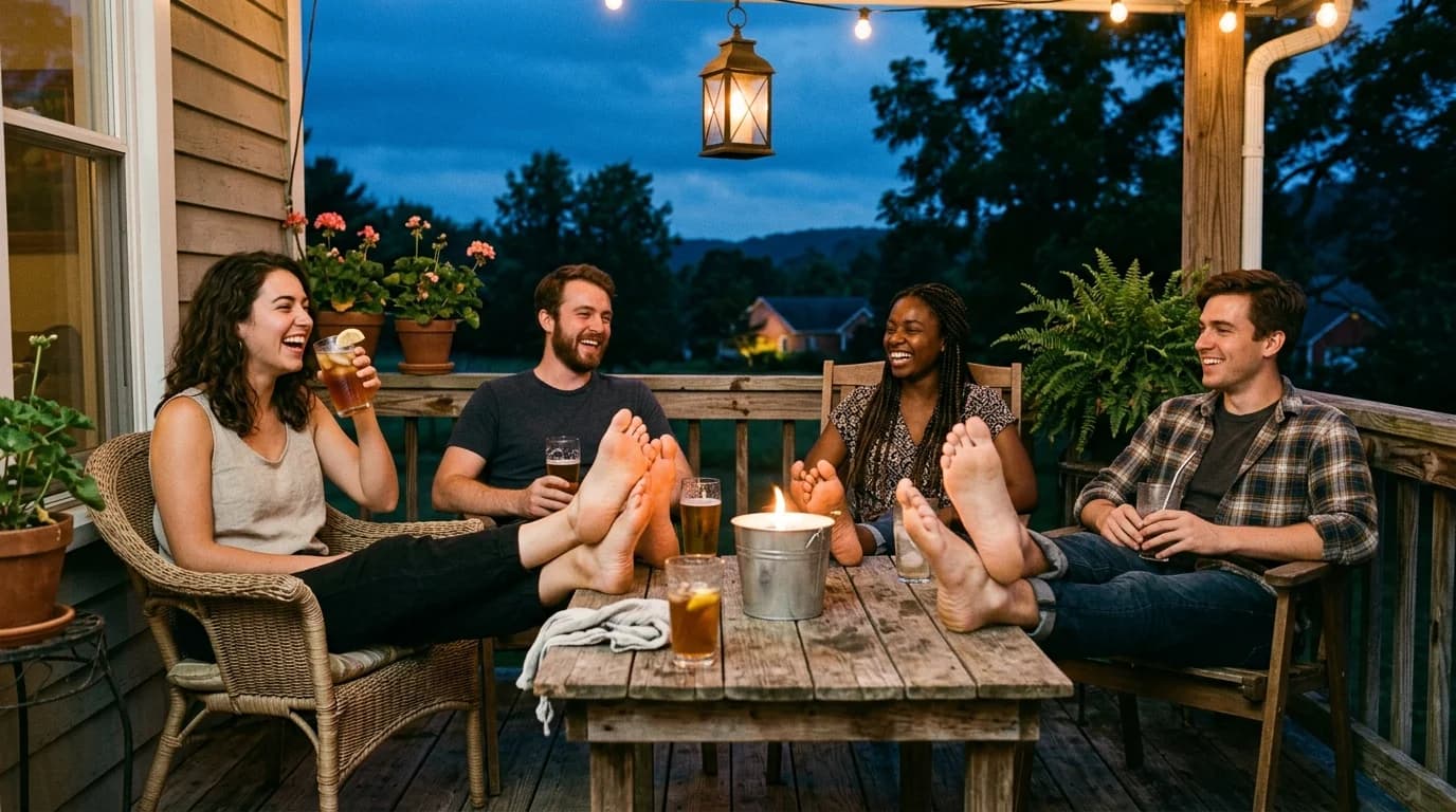 Friends relaxing on a porch at dusk with cold drinks