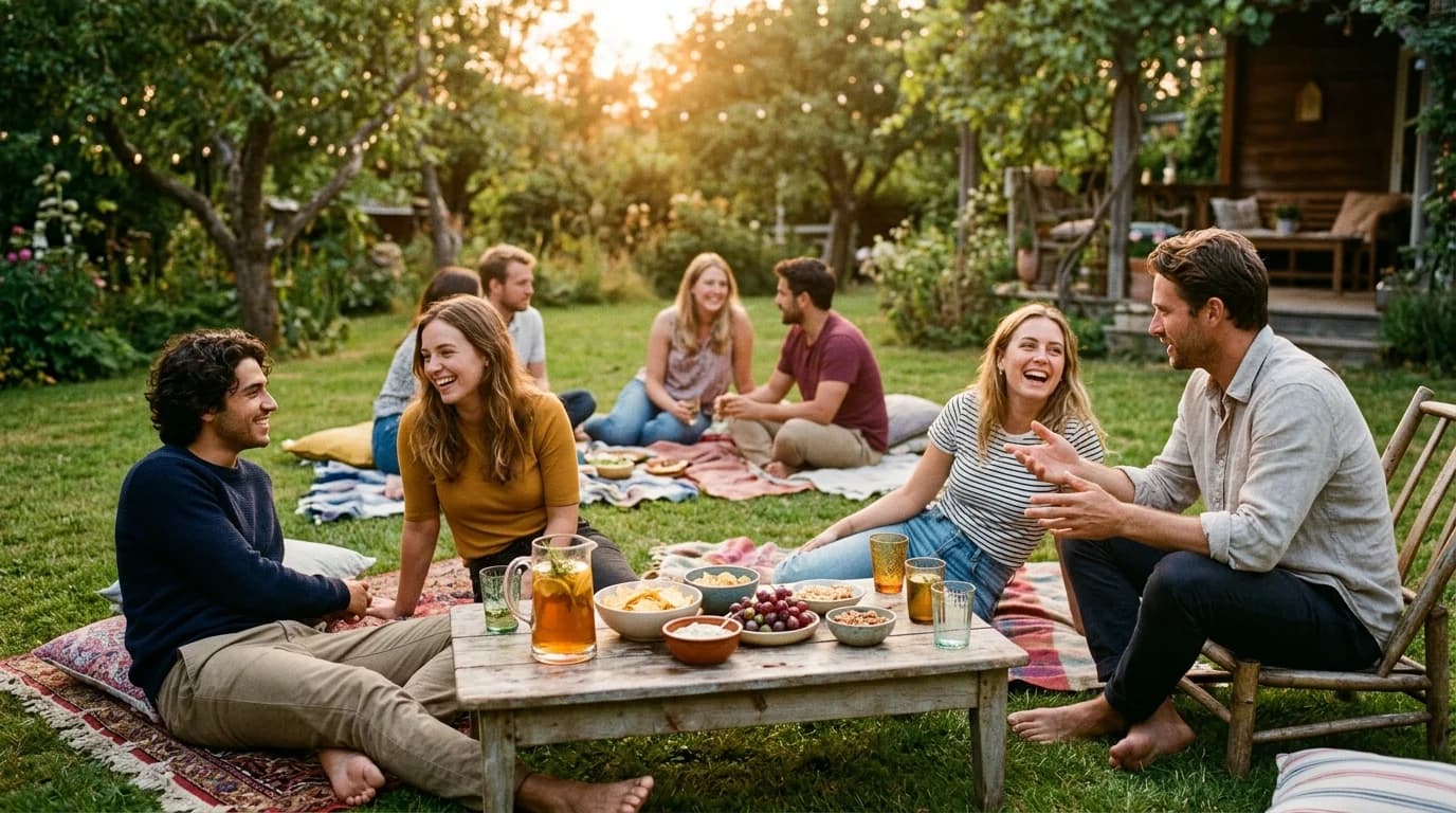 People lounging on blankets in a backyard at golden hour with drinks and snacks