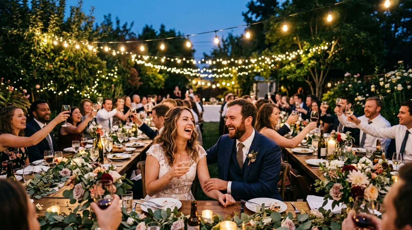 A couple laughing at a string-lit outdoor wedding reception table