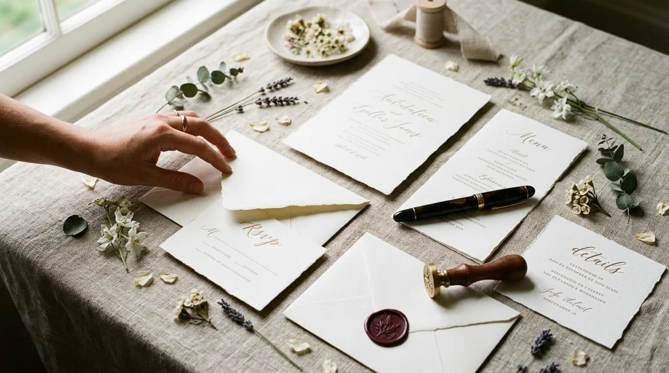 Wedding stationery, fountain pen, and wax seal arranged on linen