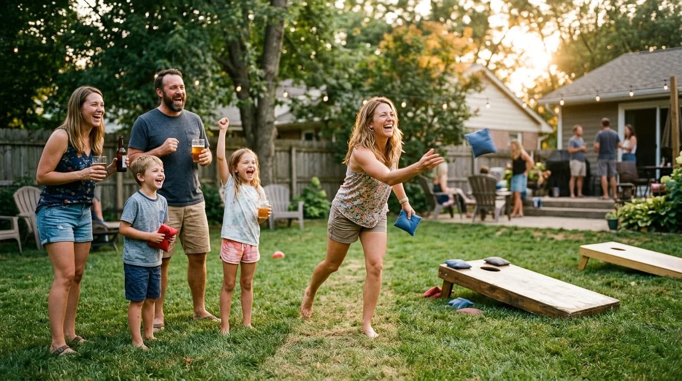 Adults and kids playing cornhole in a backyard during golden hour