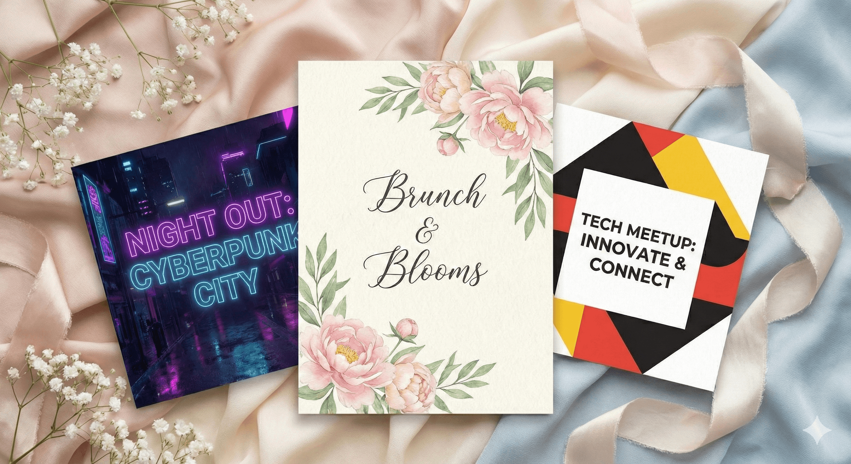 A collage of three distinct invitation styles generated by Lemonvite. 1. A neon-soaked cyberpunk city for a 'Night Out'. 2. A soft, elegant floral watercolor for a 'Brunch'. 3. A bold, geometric abstract pattern for a 'Tech Meetup'. Showcasing variety and quality.