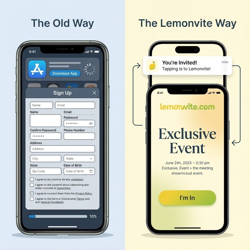 A comparative illustration. Left side: A cluttered smartphone screen showing a 'Download App' store page with a spinning loading circle and a 'Sign Up' form with many fields, labeled 'The Old Way'. Right side: A sleek smartphone notification simply saying 'You're Invited!', opening directly to a beautiful event page with a single 'I'm In' button, labeled 'The Lemonvite Way'. The style is clean, modern, and tech-focused.