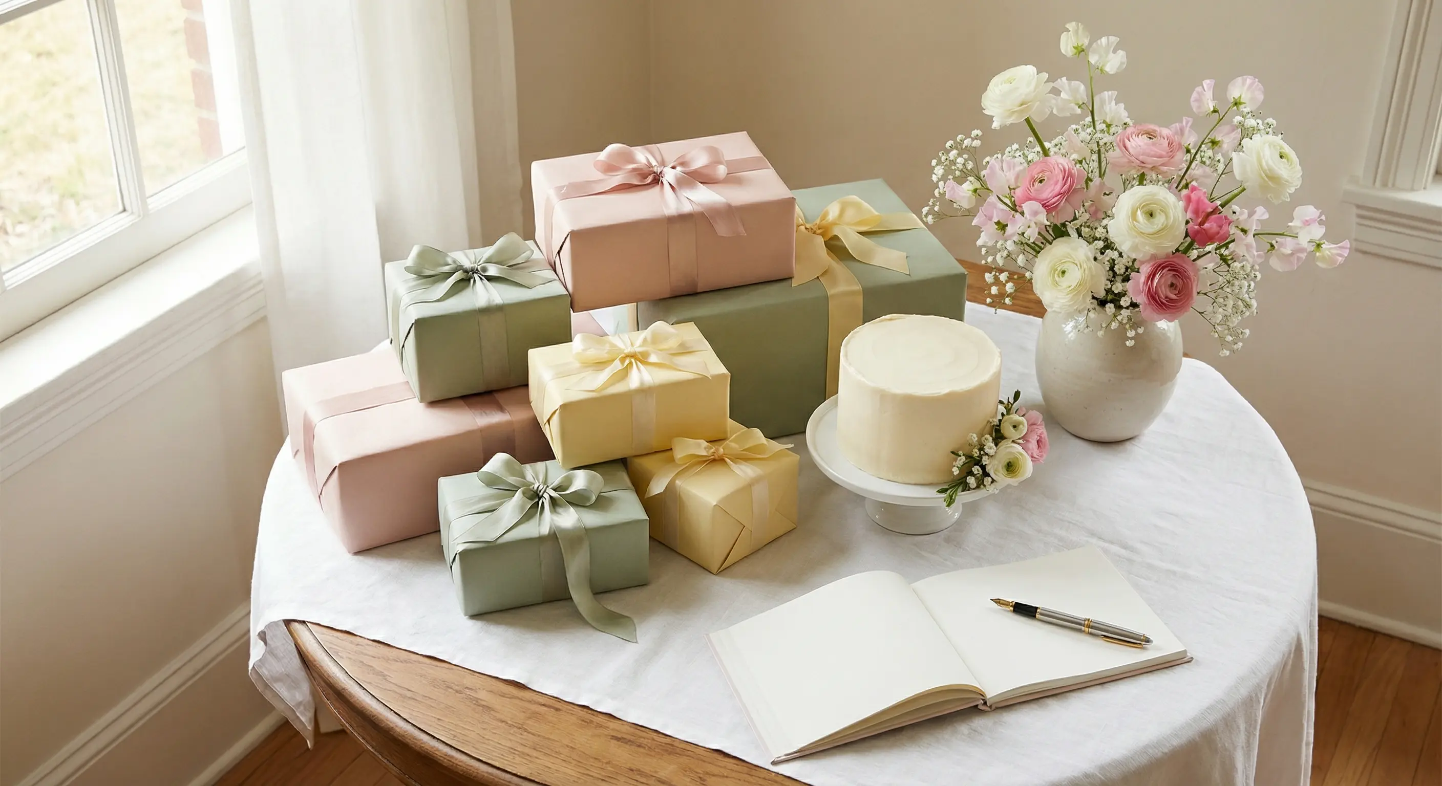 A beautifully arranged baby shower table with wrapped gifts, a small cake, fresh flowers in a ceramic vase, and a handwritten guest book in soft natural light