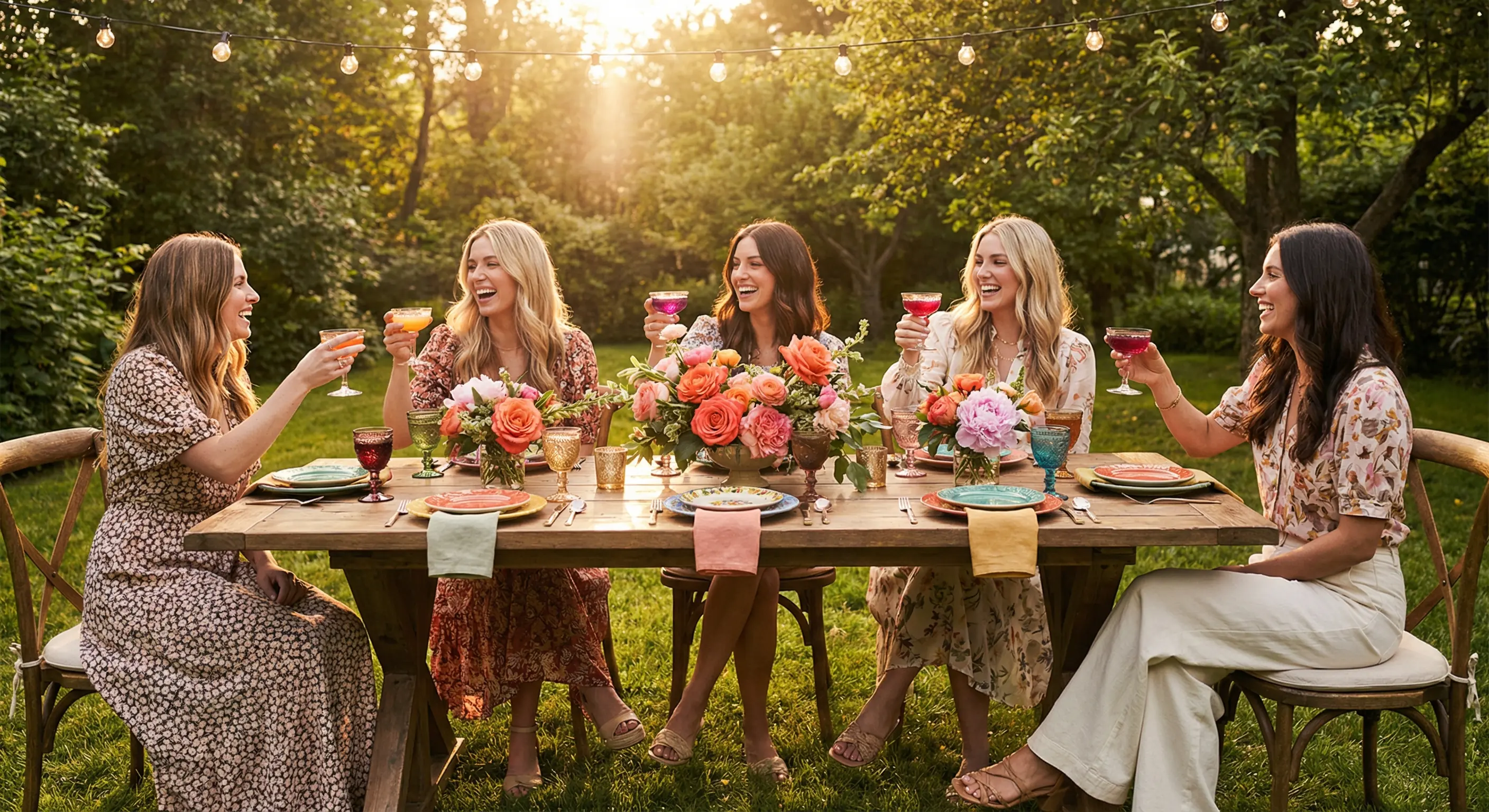 A group of friends laughing together at a beautifully decorated outdoor table with string lights, colorful cocktails, and fresh flowers in a garden setting