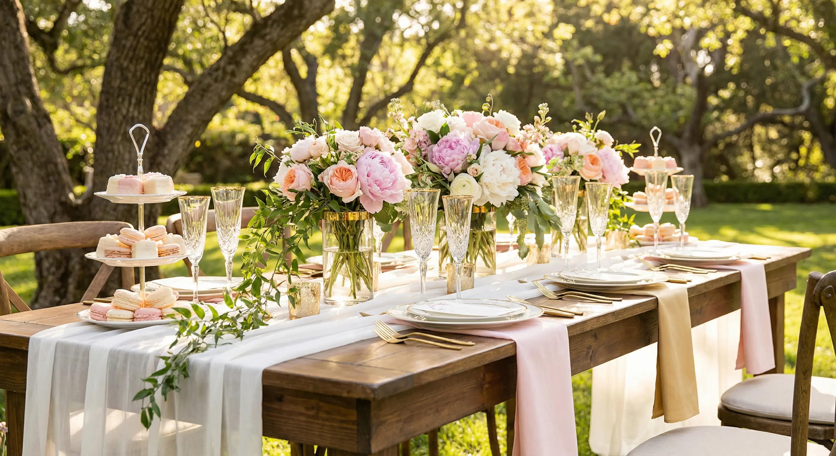 An elegant bridal shower table in a sunny garden with pastel pink and gold accents, peonies and roses, champagne flutes, and tiered dessert stands in warm natural light