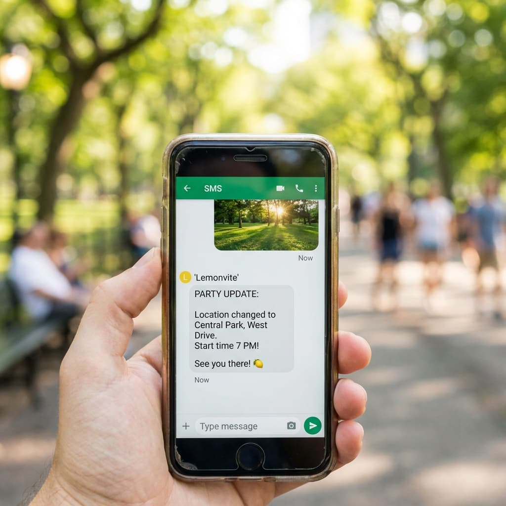 A smartphone screen showing an SMS notification from 'Lemonvite' with a party update message. Background shows a blurred park setting.